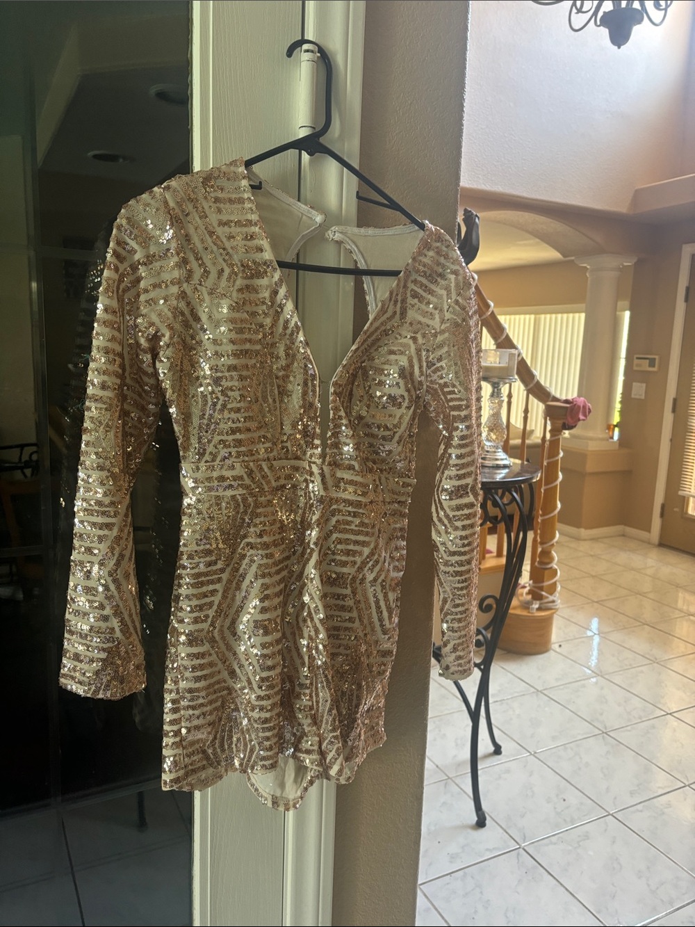 Sequined Long-Sleeve V-Neck Party romper in rose gold